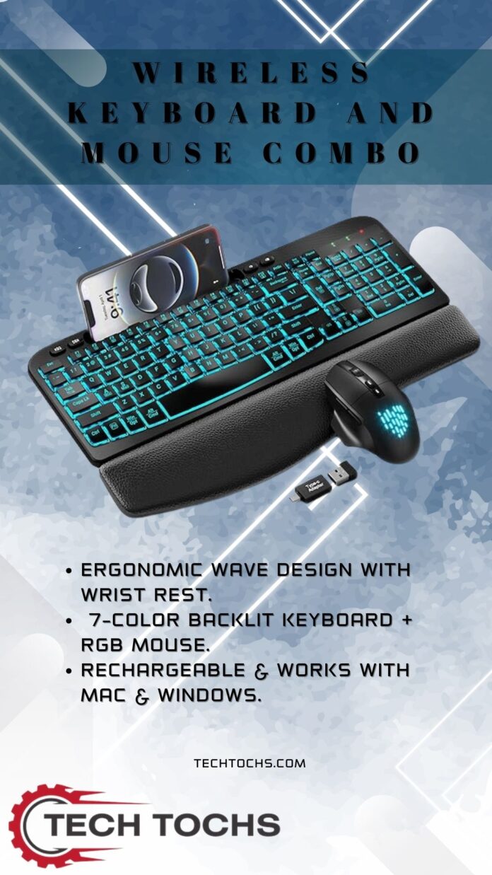Ergonomic wireless keyboard with leather wrist rest and colorful backlighting, paired with a rechargeable RGB mouse – perfect for home office or gaming setup.