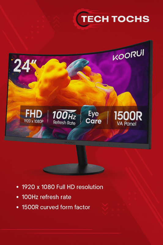 KOORUI 24-inch curved computer monitor with Full HD 1080P resolution, 100Hz refresh rate, 1500R VA panel, and eye-care technology displayed on a sleek black stand with vibrant colors on the screen.