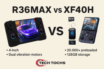 Comparison design featuring two retro handheld game consoles — the R36MAX and XF40H — displayed side by side with vibrant gaming screens, accompanied by the Tech Tochs logo at the bottom. The graphic highlights features for a Pinterest affiliate post about portable retro gaming consoles.