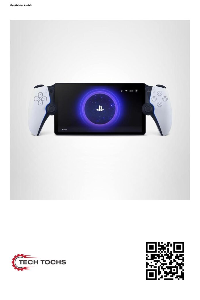 PlayStation Portal Remote Player angled view, showing dual hand grips and full HD display with PlayStation startup screen