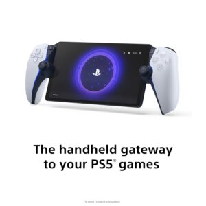 PlayStation Portal Remote Player angled view, showing dual hand grips and full HD display with PlayStation startup screen