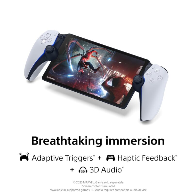 PlayStation Portal Remote Player angled view, showing dual hand grips and full HD display with PlayStation startup screen