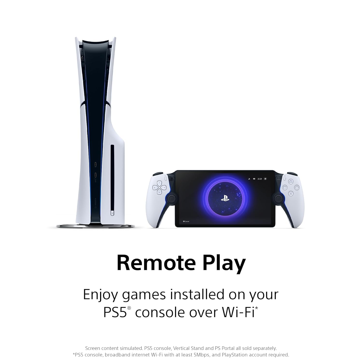 PlayStation Portal Remote Player angled view, showing dual hand grips and full HD display with PlayStation startup screen