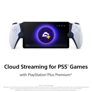PlayStation Portal Remote Player angled view, showing dual hand grips and full HD display with PlayStation startup screen