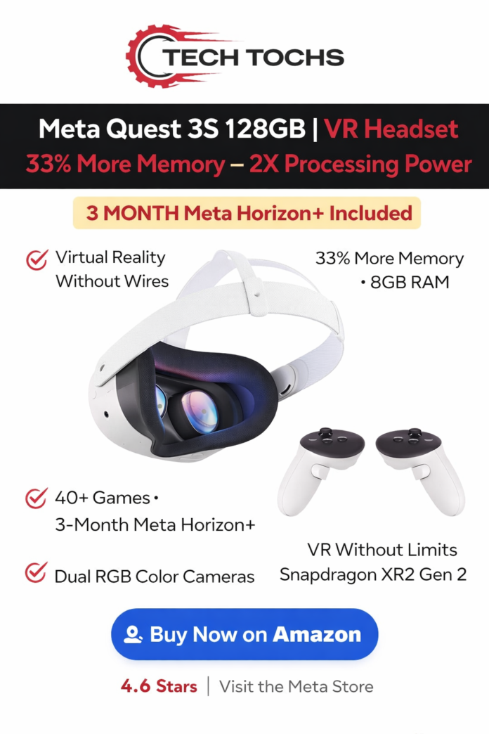 Meta Quest 3S 128GB wireless VR headset with controllers showing next-generation virtual reality design