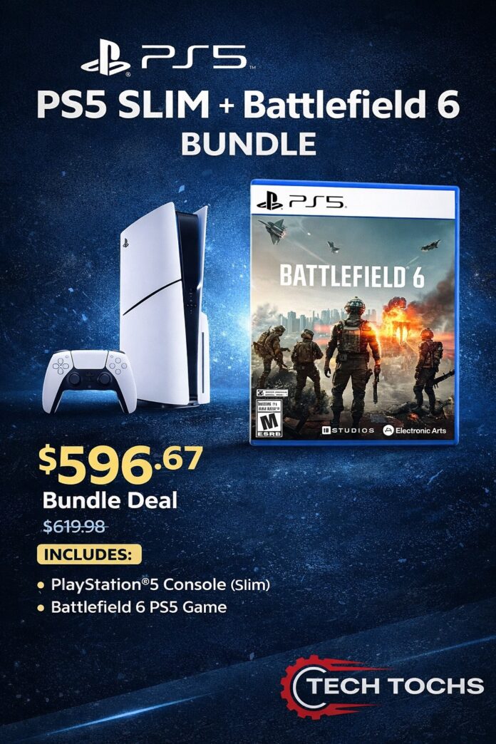 PlayStation 5 Slim console with controller next to Battlefield 6 game cover, featured in a gaming bundle design with Tech Tochs logo on a clean white background.
