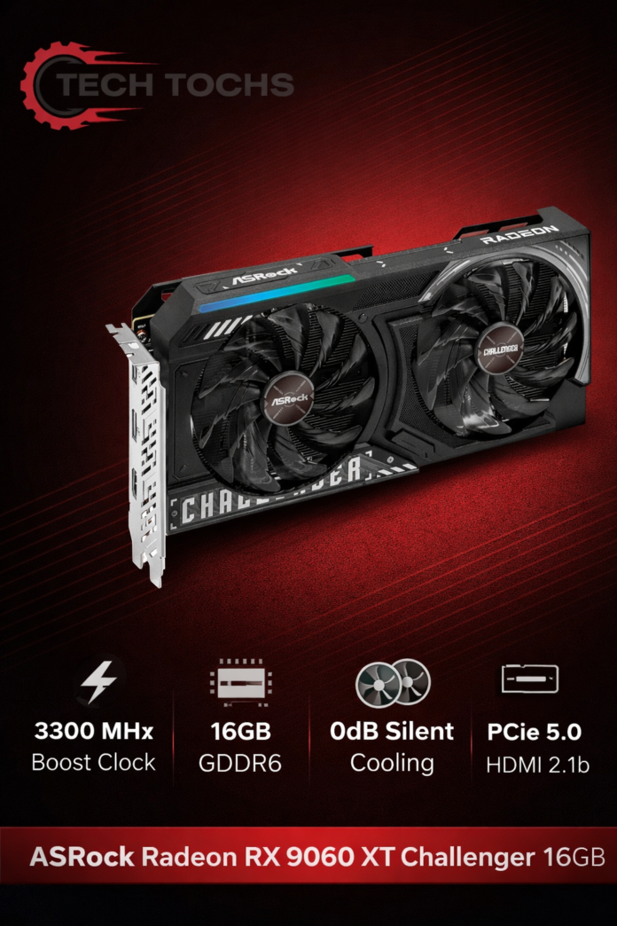 ASRock RX 9060 XT 16GB gaming graphics card with dual fans designed for high-performance 1440p and 4K PC gaming upgrade.