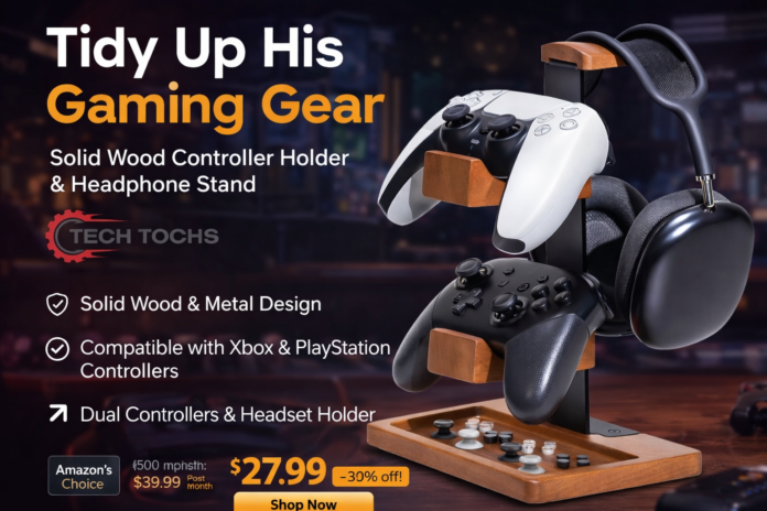 Solid wood gaming controller holder and headphone stand with two game controllers, over-ear headphones, accessory tray, and black metal frame in a modern wood brown and black finish for desk organization.